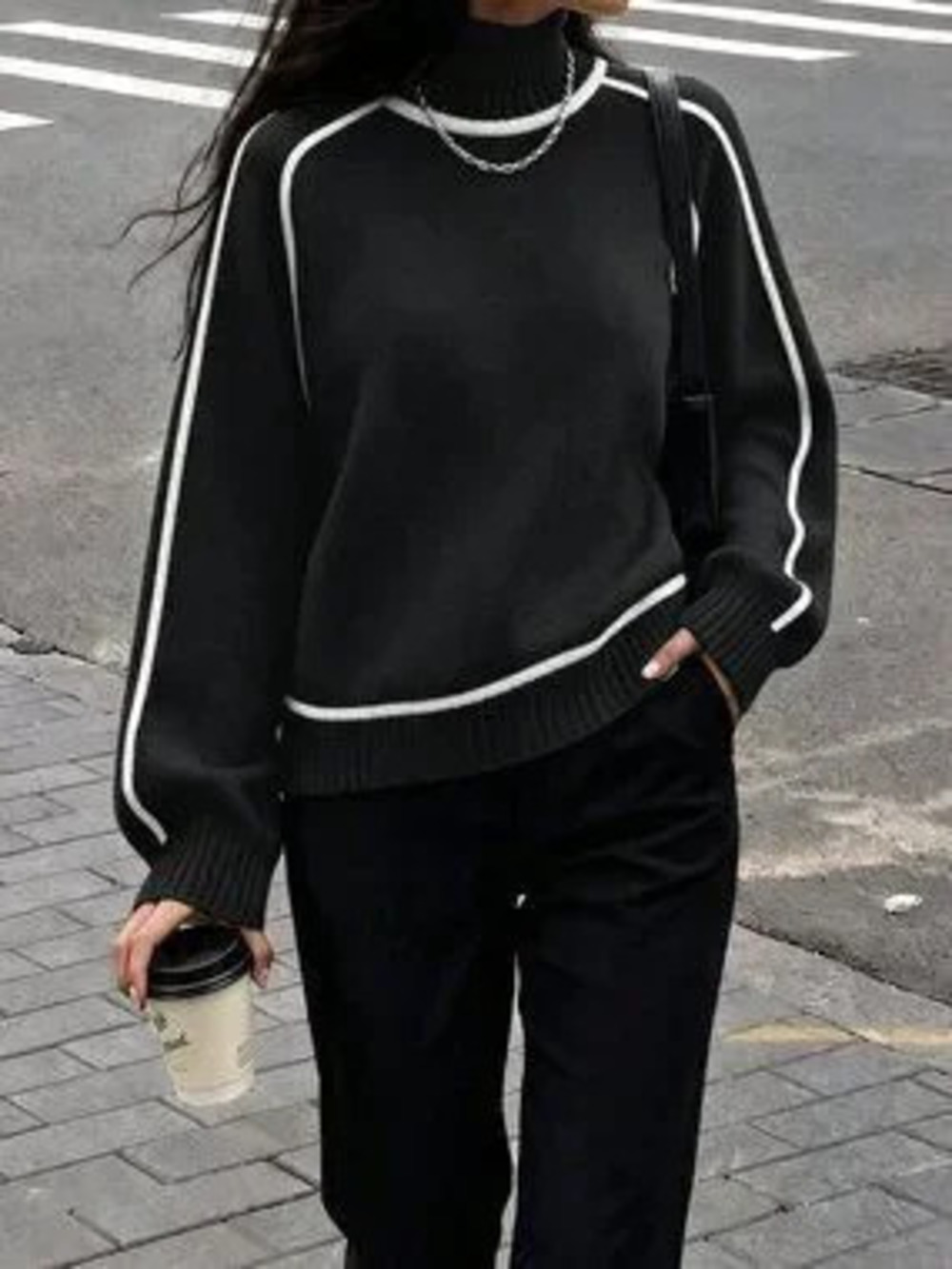 Black Casual Women's Contrast Binding High Neck Long Sleeve Pullover Sweater